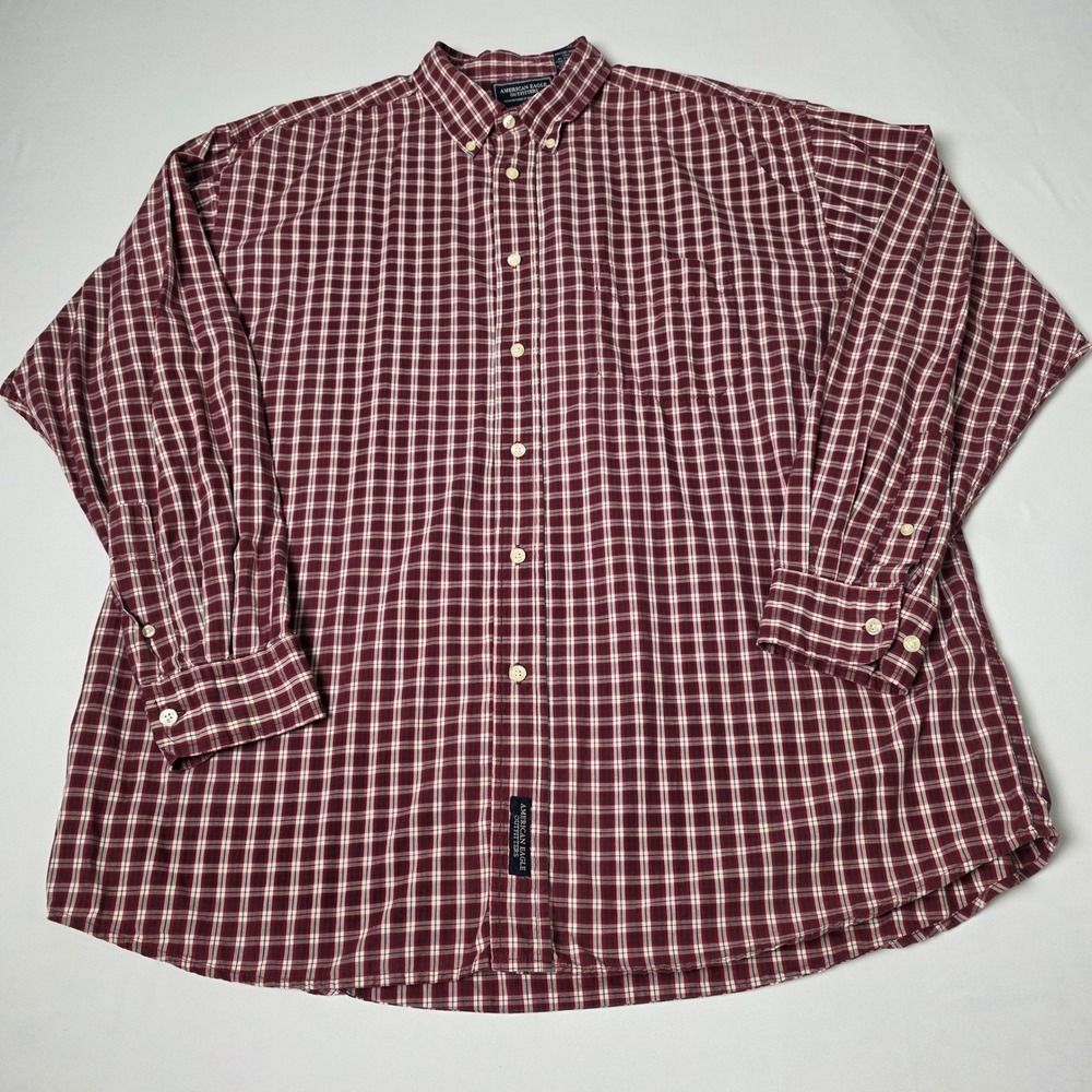 American Eagle Plaid Shirt Mens XL Burgundy Long Sleeve Button Down Cotton Check